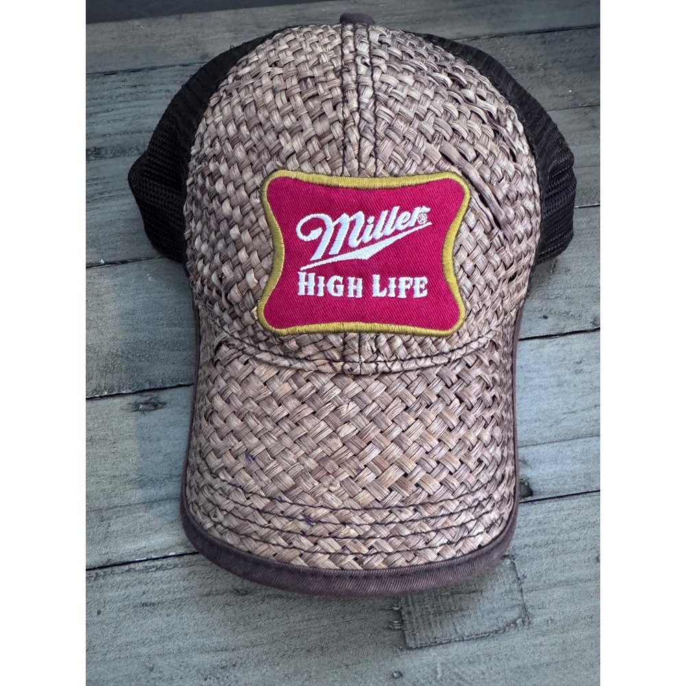 Miller High Life Bio-Domes‎ Straw Woven Mesh Trucker Hat Snapback Brown Beer Cap